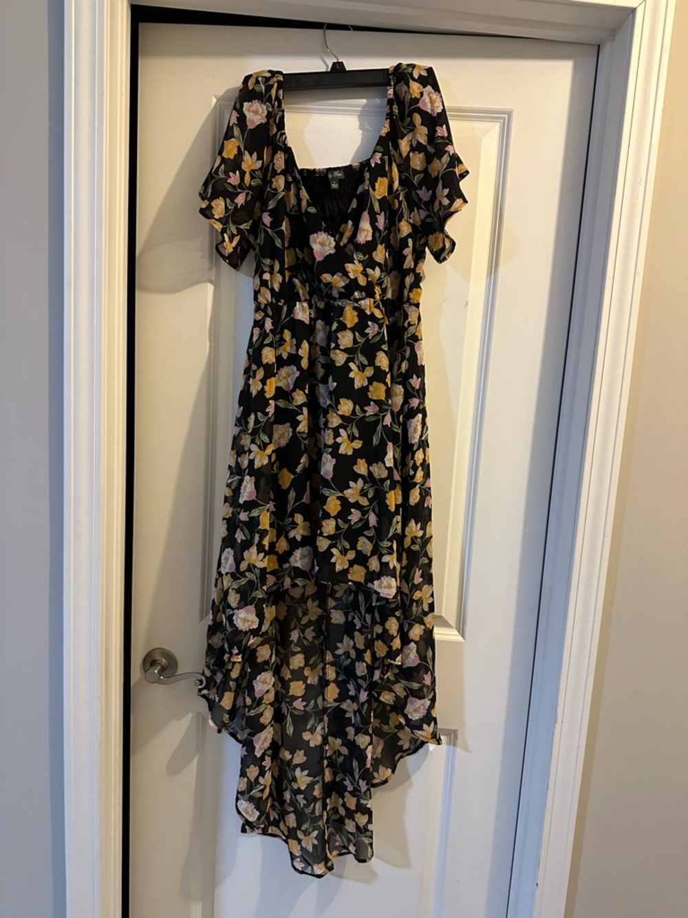 Lily Rose Black Floral High-Low Maxi Dress with Yellow and Blush Blooms